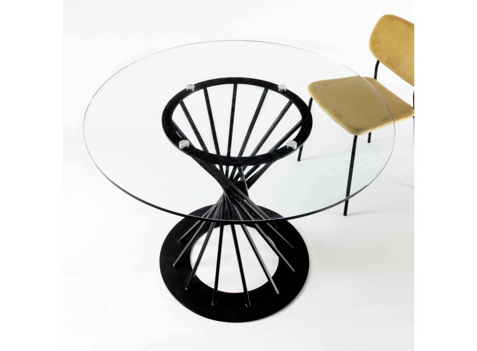 Esstisch mit runder Platte aus gehärtetem Glas und Stahlsockel - Mileto Viadurini