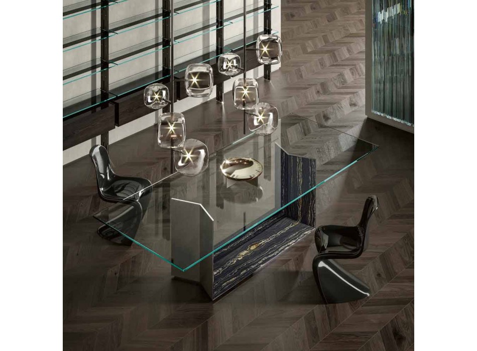 Esstisch aus Glas mit Metall- und Marmorsockel Made in Italy - Minera Viadurini