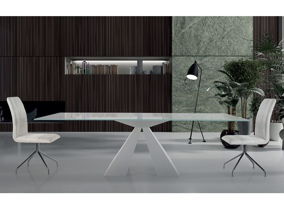 Moderner Esstisch aus Glas und weißem Stahl, hergestellt in Italien – Dalmatiner Viadurini