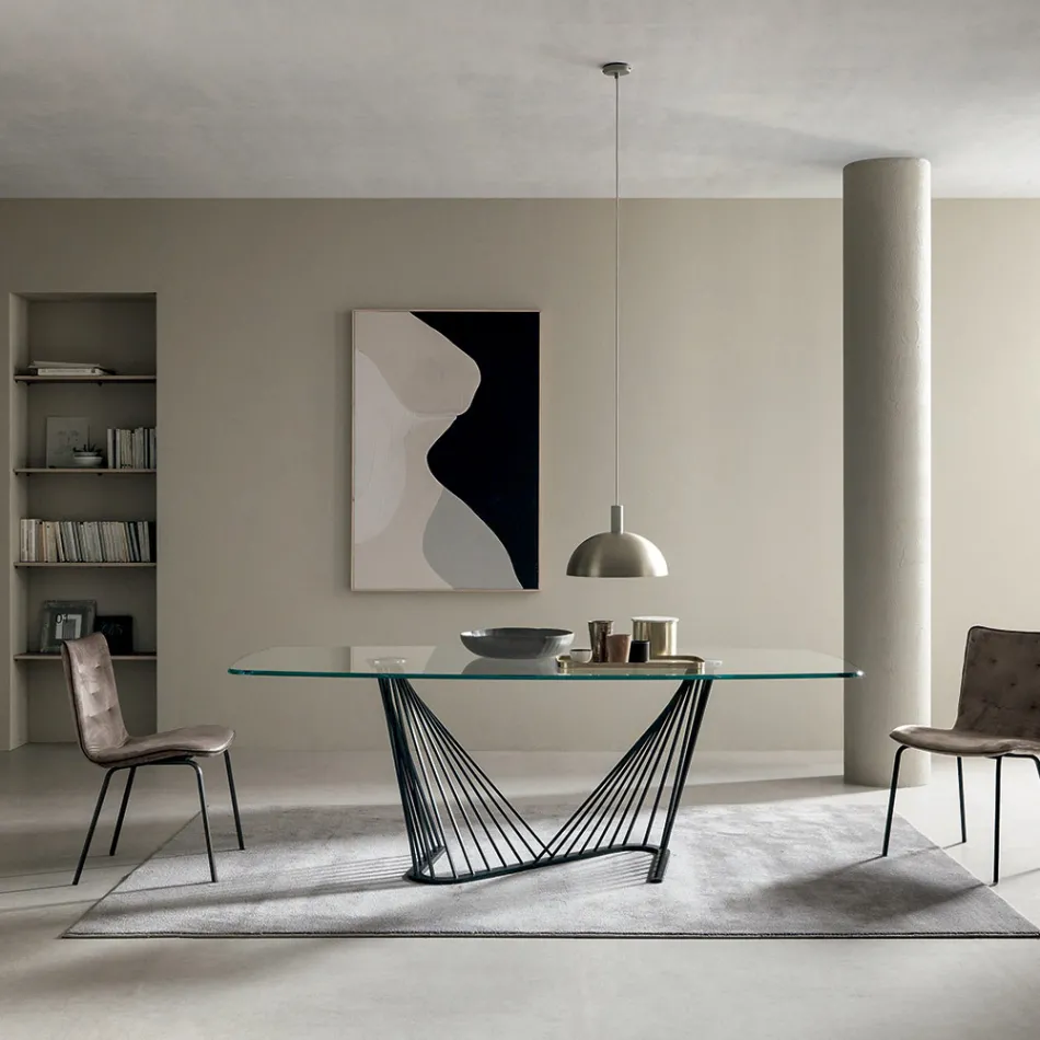 Esstisch Glasplatte und Metallseile Basis 2 Größen - Alariko Viadurini