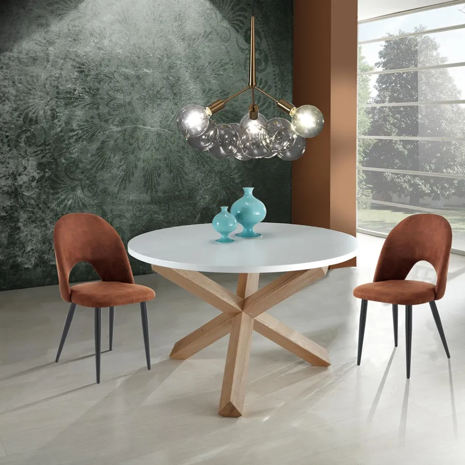 Runder Esstisch aus mattweißem Mdf und Massivholz - Dante Viadurini