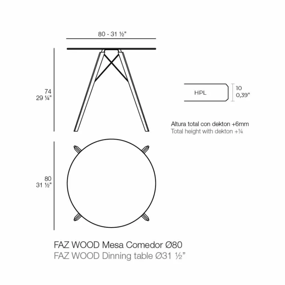 Runder Esstisch aus Holz und HPL-Platte, 4 Stück - Faz Wood von Vondom Viadurini