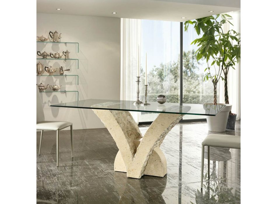 Wohnzimmertisch aus gehärtetem Glas und Sockel aus Fossilstein – Vittoria Viadurini