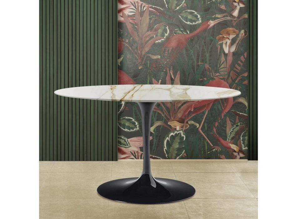 Eero Saarinen Tisch H 73 mit ovaler Platte aus goldenem Caracatta-Marmor, hergestellt in Italien – Scharlachrot Viadurini