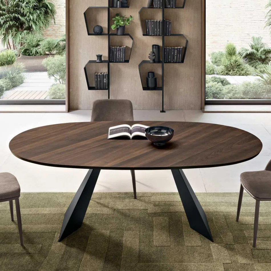 Fester Tisch 210x109 cm aus Metall und ovalem Eichenfurnier - Marcello Viadurini