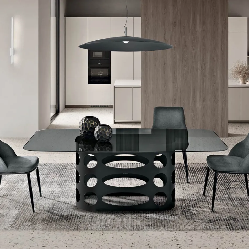 Fester Tisch 210 x 110 cm mit glatter, getönter Glasplatte, hergestellt in Italien - Tano Viadurini