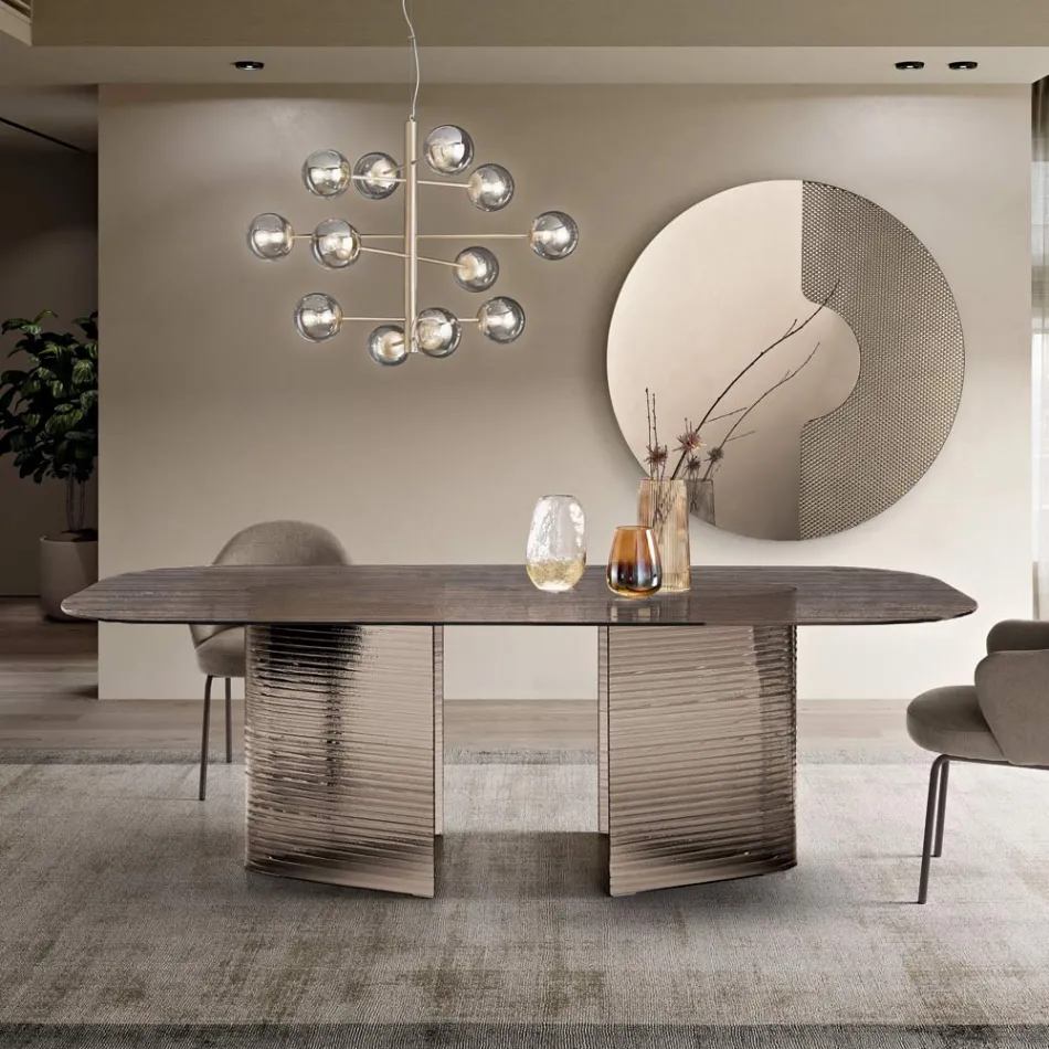 Fester Tisch 240 x 120 cm aus transparentem, geriffeltem Glas, hergestellt in Italien - Varo Viadurini