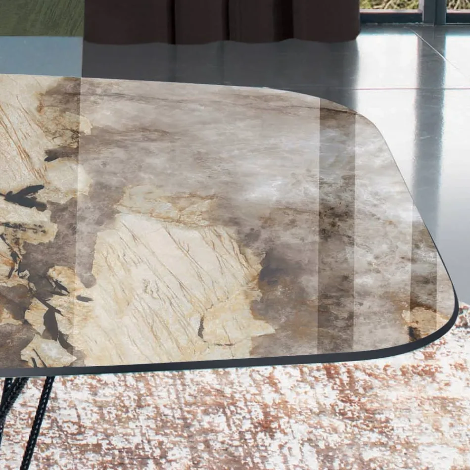 Fester Tisch mit fassförmiger Keramikplatte und Stahlgestell, hergestellt in Italien – Ezzellino Viadurini