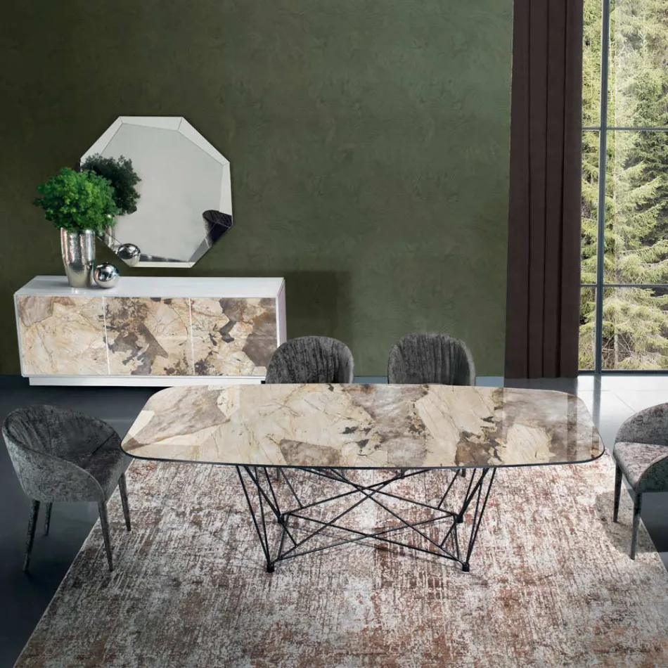 Fester Tisch mit fassförmiger Keramikplatte und Stahlgestell, hergestellt in Italien – Ezzellino Viadurini