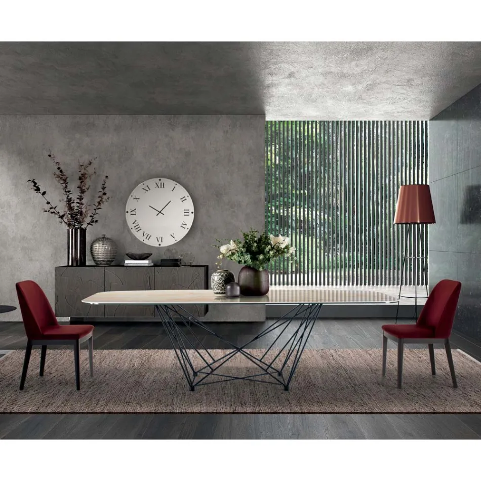 Fester Tisch mit fassförmiger Keramikplatte und Stahlgestell, hergestellt in Italien – Ezzellino Viadurini