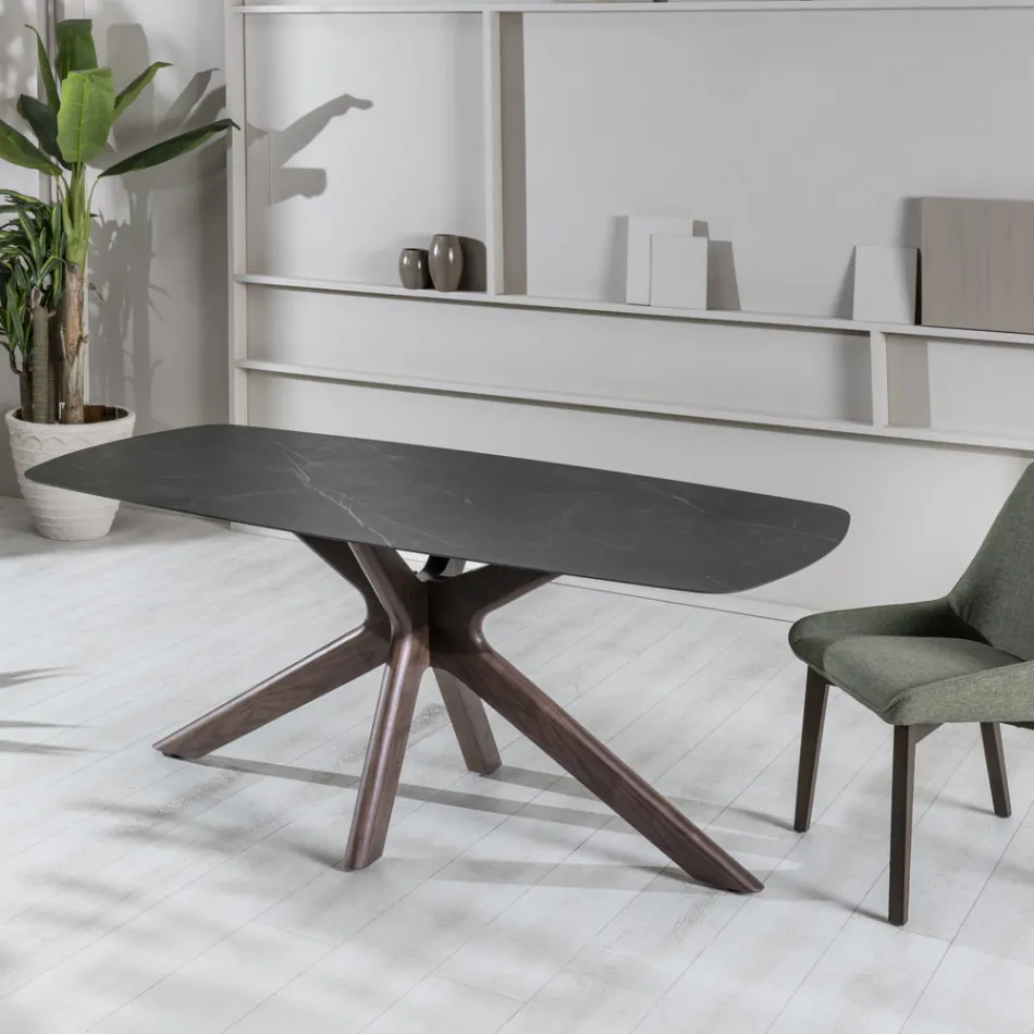 Fester Tisch mit Keramikplatte und Untergestell aus massivem Walnussholz – Orange Viadurini