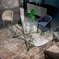 Fester Tisch mit tonnenförmiger Glasplatte und Stahlgestell, hergestellt in Italien – Ezzellino
