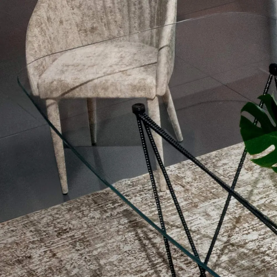 Fester Tisch mit tonnenförmiger Glasplatte und Stahlgestell, hergestellt in Italien – Ezzellino Viadurini