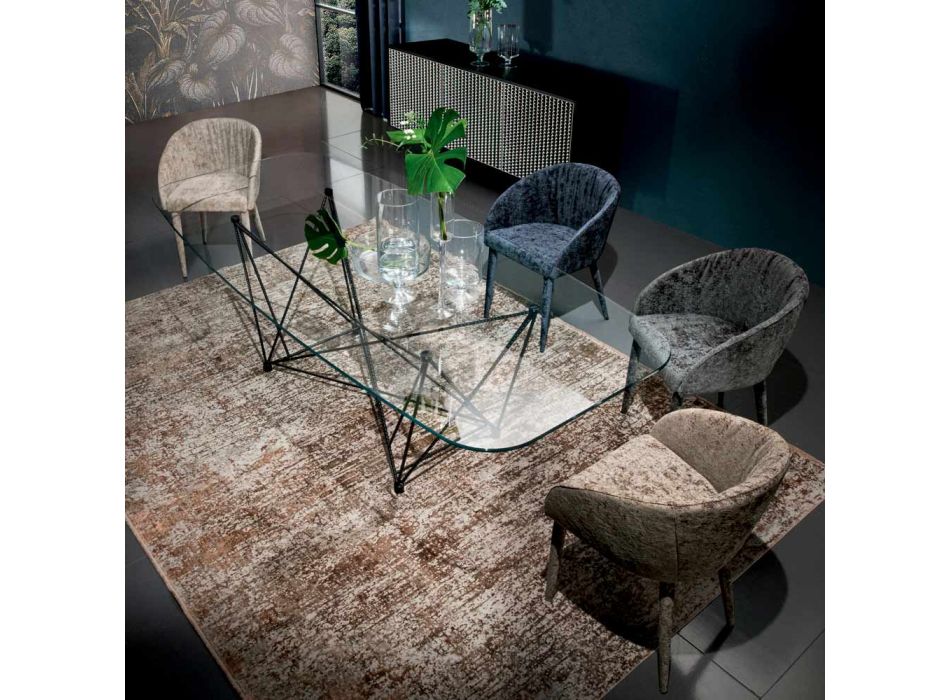 Fester Tisch mit tonnenförmiger Glasplatte und Stahlgestell, hergestellt in Italien – Ezzellino Viadurini