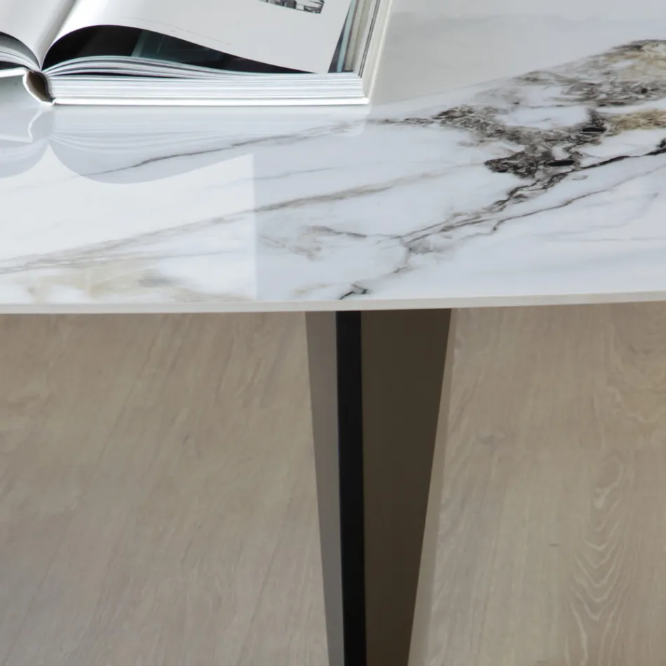 Fester Tisch aus Metall und Keramikplatte Arabesque Glossy - Eronte Viadurini