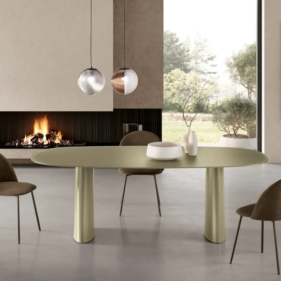 Fester Tisch für zehn Personen mit Glasplatte und MDF-Gestell - Venia Viadurini