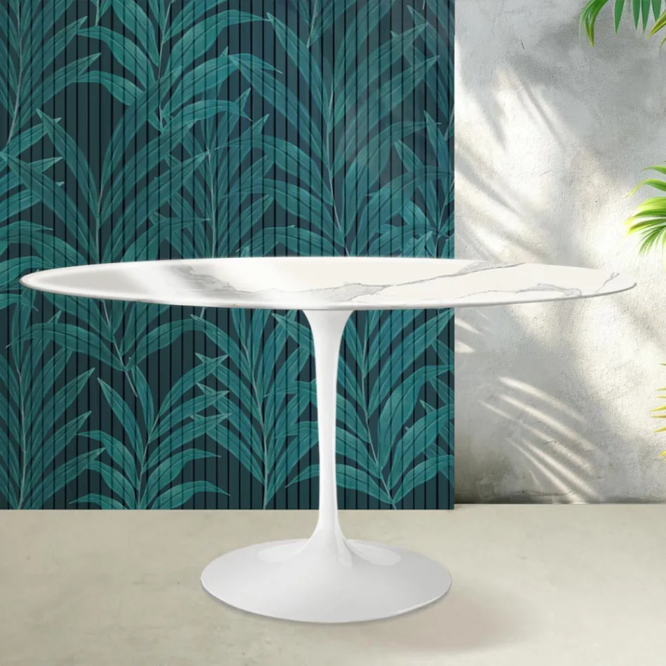 Ovaler Tulip Saarinen Tisch H 74 cm aus Florim Statuario Lucido Keramik – Scharlachrot Viadurini