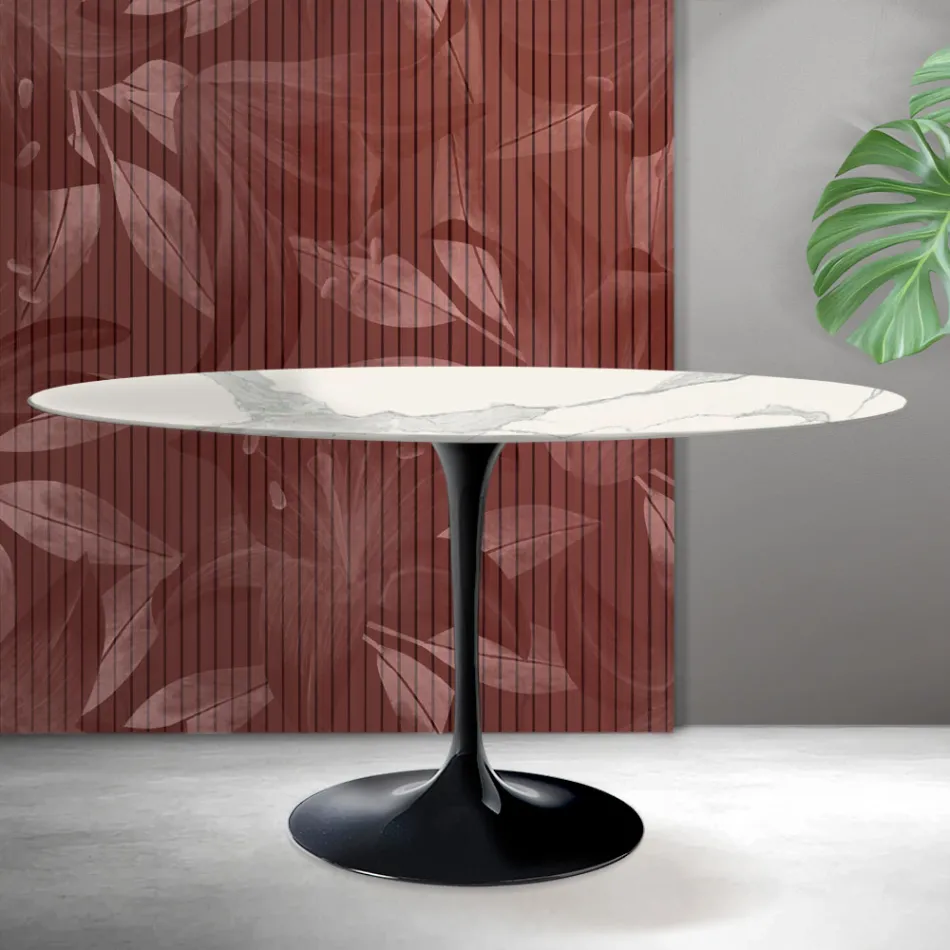 Ovaler Tulpentisch von Saarinen, Höhe 74 cm, in matter Florim Statuario Keramik – Scharlachrot Viadurini