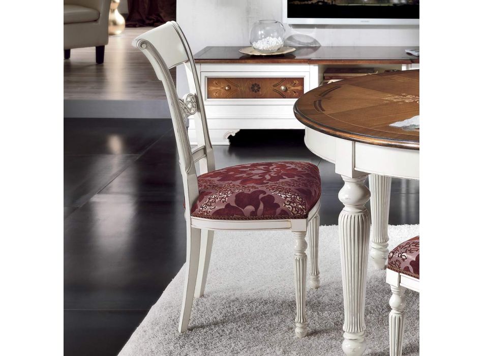 Ausziehbarer runder Tisch mit Intarsien und 4 Stühlen, hergestellt in Italien – Alite Viadurini