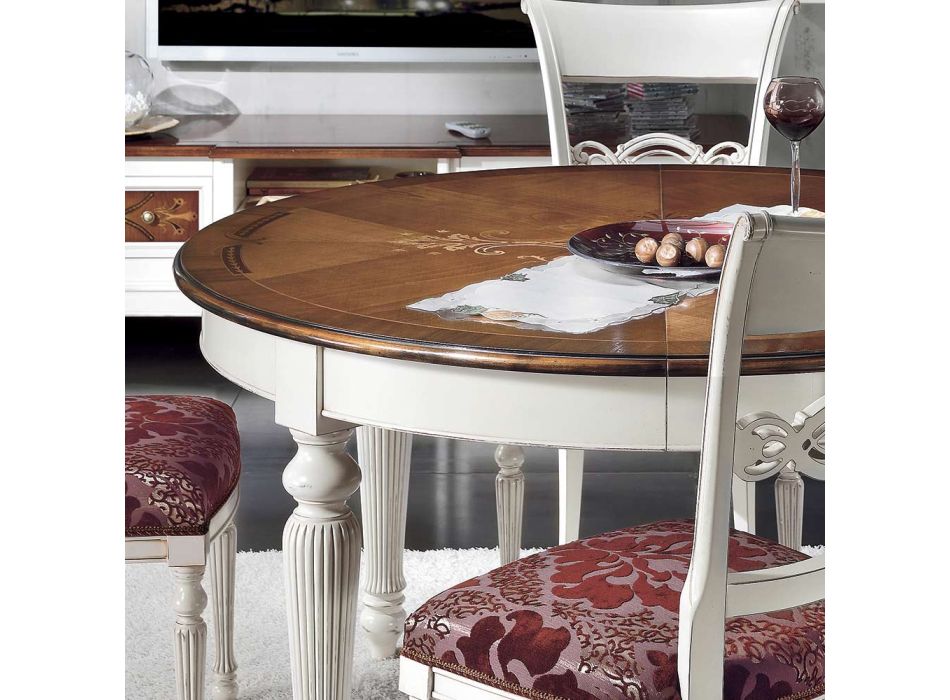 Ausziehbarer runder Tisch mit Intarsien und 4 Stühlen, hergestellt in Italien – Alite Viadurini