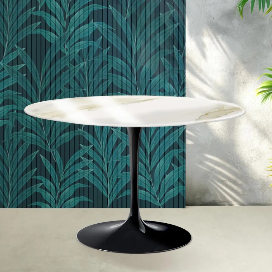 Saarinen Tulip Rundtisch H 74 cm in Florim Calacatta Gold Glanzkeramik - Scharlachrot Viadurini