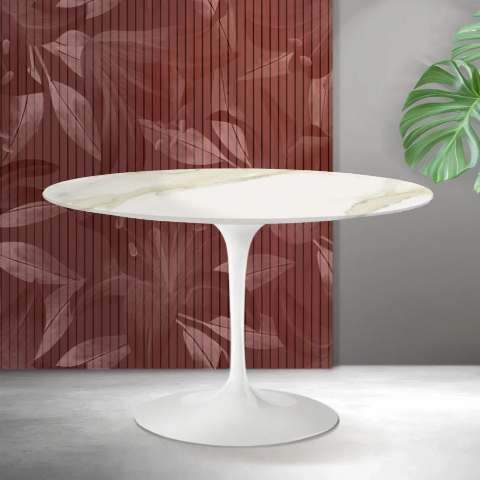 Saarinen Tulip Rundtisch H 74 cm in Florim Calacatta Gold Matt Keramik - Scharlachrot Viadurini