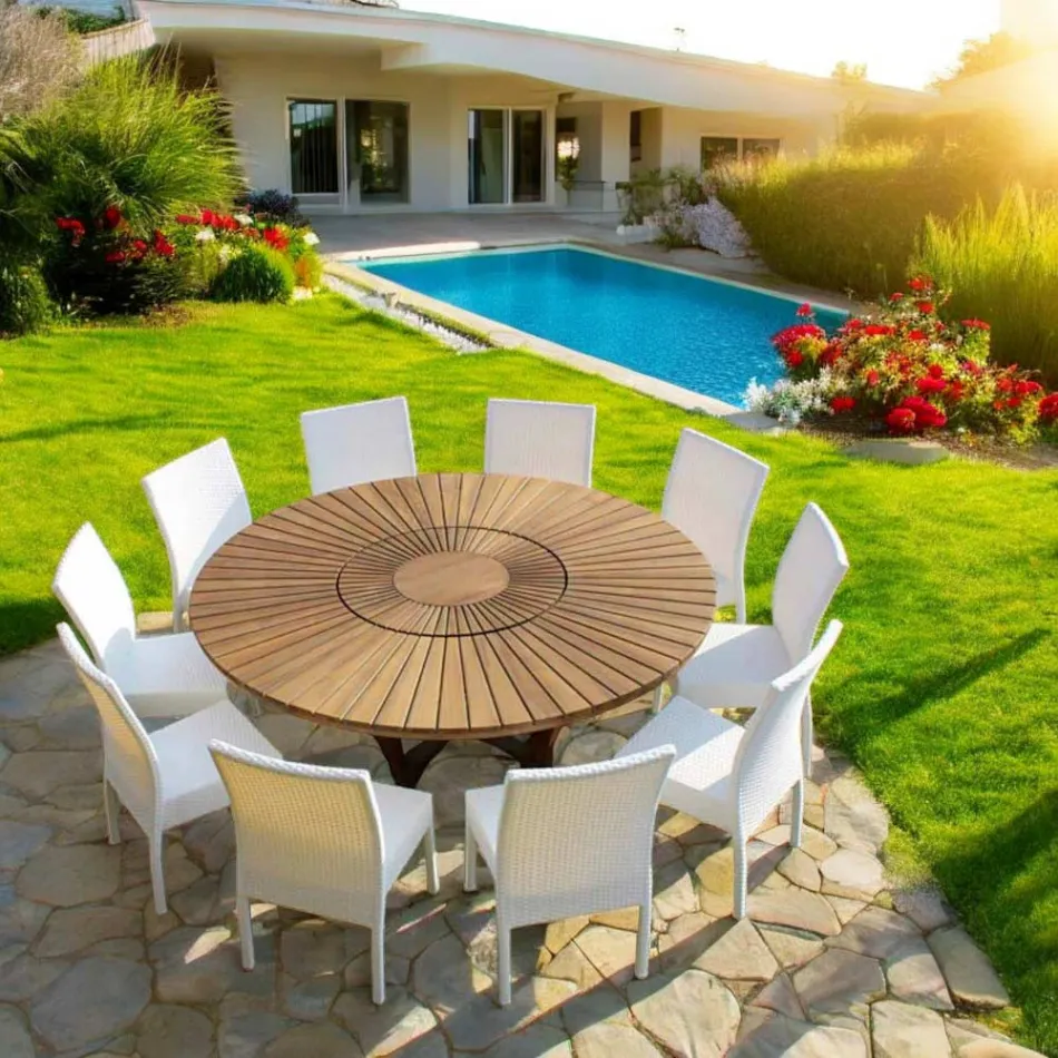 Runder Tisch mit Drehplatte aus Teak und Massivholz für Innen und Außen Viadurini