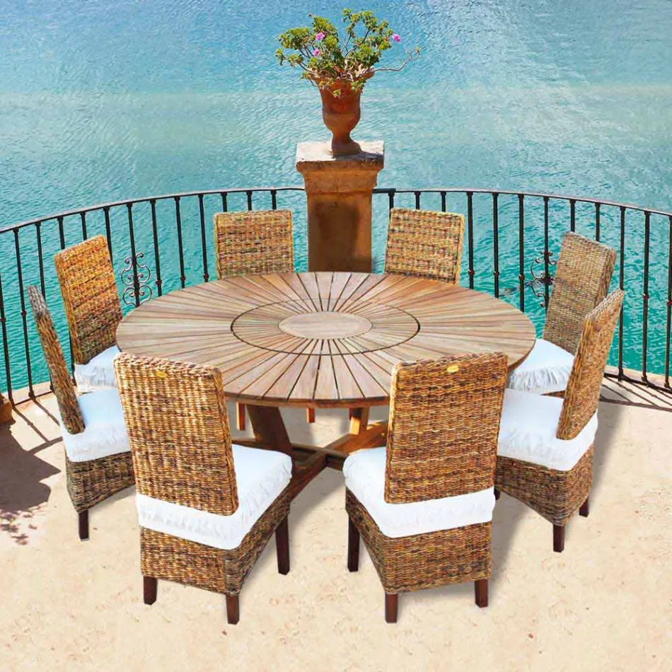 Runder Tisch mit Drehplatte aus Teak und Massivholz für Innen und Außen Viadurini