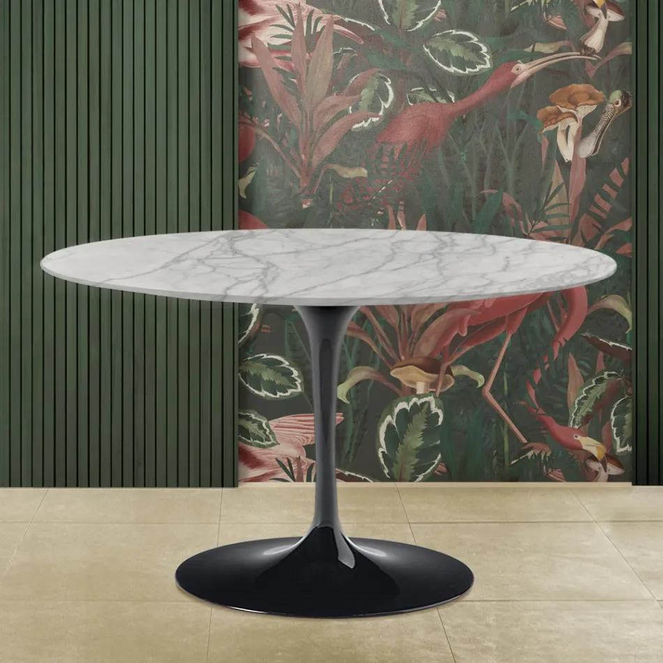 Eero Saarinen Tulip Tisch H 73 mit runder Platte aus Statuarietto Carrara Marmor Viadurini