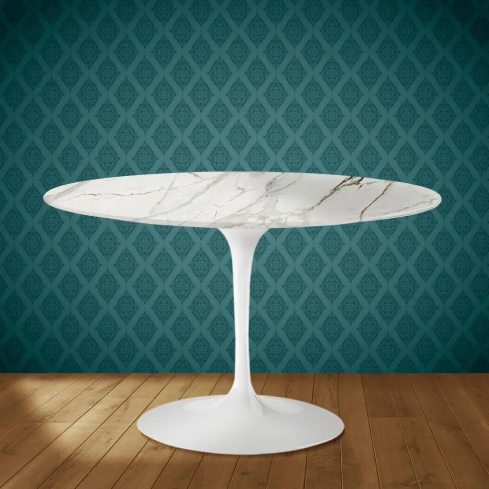 Eero Saarinen Tulip Tisch H 74 Zoll Polierte Keramik Hergestellt in Italien - Scharlachrot Viadurini