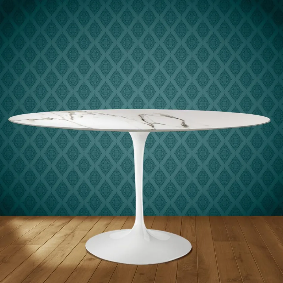Eero Saarinen Tulip Tisch H 74 Oval aus Keramik Aura 22 Hergestellt in Italien - Scharlachrot Viadurini