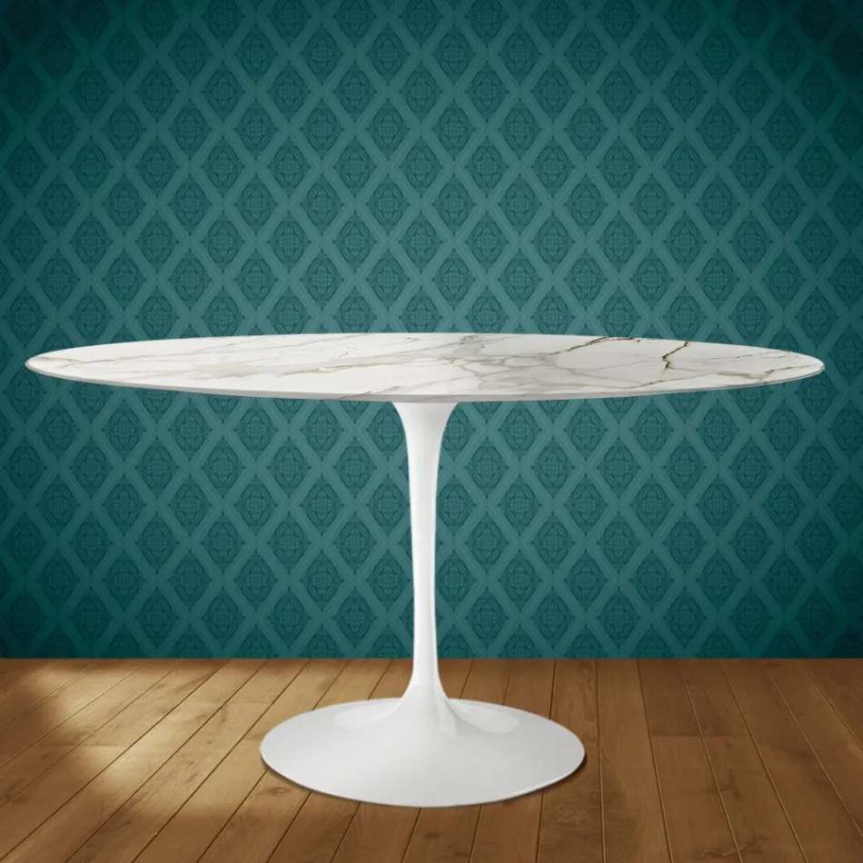 Eero Saarinen Tulpentisch H 74 Oval aus glänzender Keramik, hergestellt in Italien - Scharlachrot Viadurini