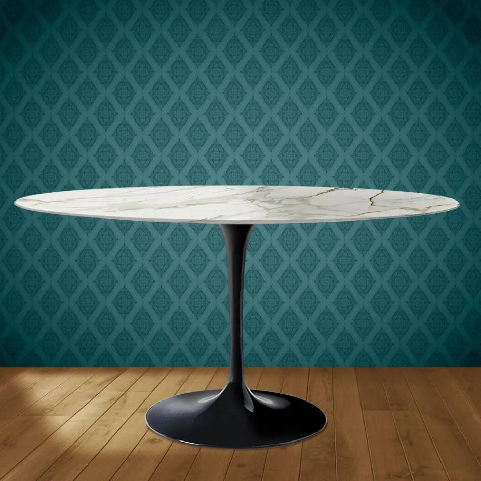 Eero Saarinen Tulpentisch H 74 Oval aus glänzender Keramik, hergestellt in Italien - Scharlachrot Viadurini