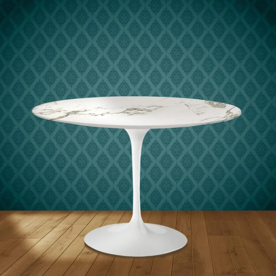 Eero Saarinen Tulpentisch H 74 Rund aus Keramik Aura 22 Hergestellt in Italien - Scharlachrot Viadurini