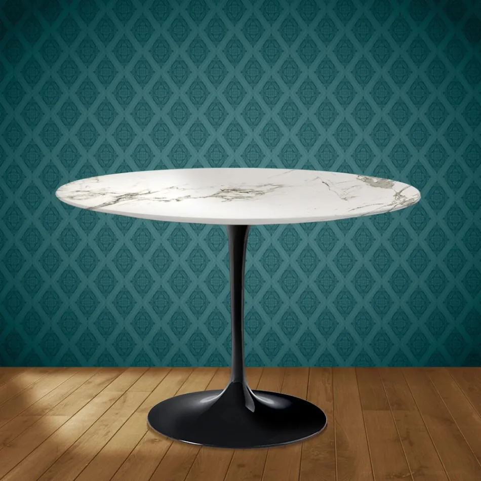 Eero Saarinen Tulpentisch H 74 Rund aus Keramik Aura 22 Hergestellt in Italien - Scharlachrot Viadurini