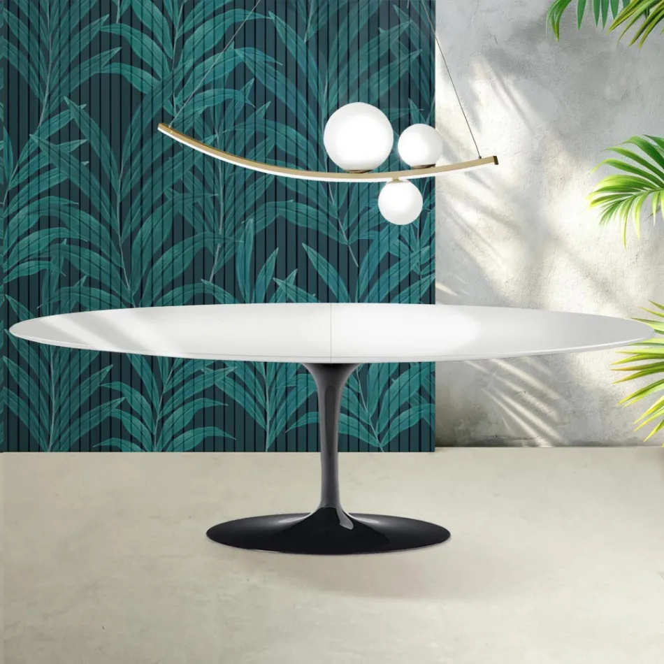 Saarinen Tulip Tisch H 74 cm ausziehbar in Florim Keramik Hochglanz Weiß - Scharlachrot Viadurini