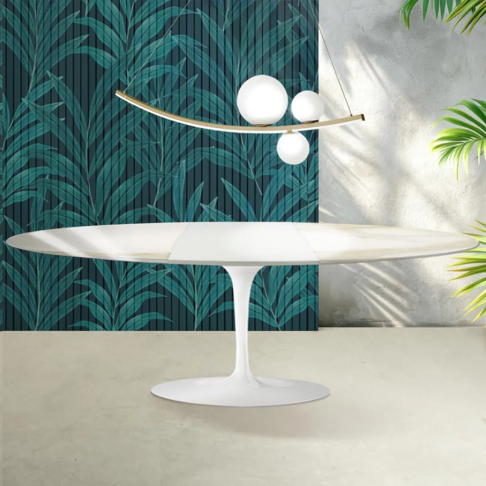 Saarinen Tulip Tisch H 74 cm ausziehbar in Florim Calacatta Gold Glanzkeramik - Scharlachrot Viadurini