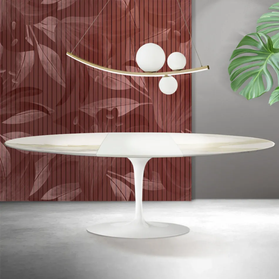 Saarinen Tulip Tisch H 74 cm ausziehbar in Florim Calacatta Gold Matt Keramik - Scharlachrot Viadurini