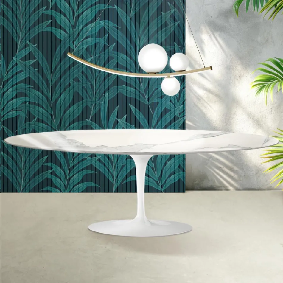 Saarinen Tulip Tisch H 74 cm ausziehbar in Florim Statuario Hochglanzkeramik - Scharlachrot Viadurini