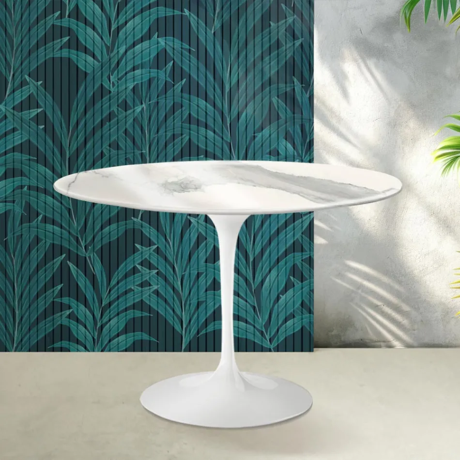 Tulip Saarinen Tisch H 74 cm aus Florim Statuario Lucido Keramik – Scharlachrot Viadurini