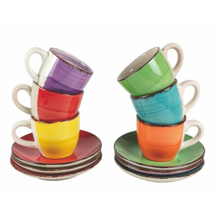 Kaffeetassen mit Untertasse aus farbigem handbemaltem Steinzeug 12 Stück - Abruzzen Viadurini