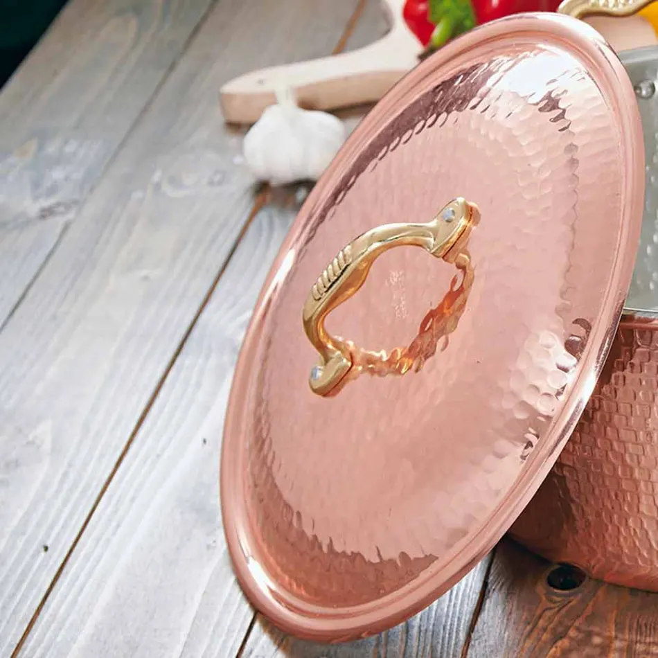 Runde handverzinnte Kupferpfanne 2 Griffe und Deckel 32 cm - Giangiorgio Viadurini