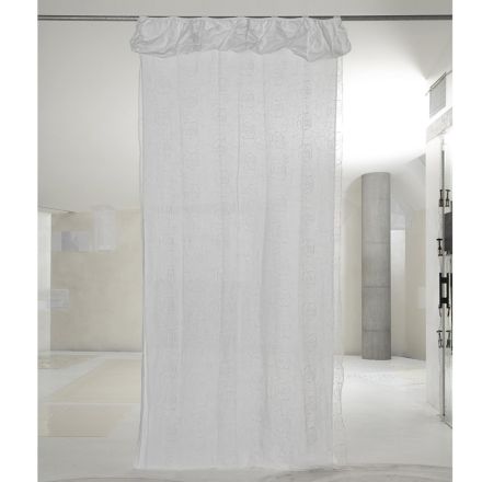 Weißer Vorhang in Leinengaze und Organza mit eleganter Rosenstickerei - Mariarosa Viadurini