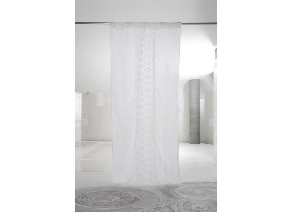 Italienischer Luxus-Vorhang aus hellem Leinen mit Organza und weißer Stickerei – Marinella Viadurini