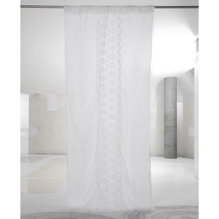 Italienischer Luxus-Vorhang aus hellem Leinen mit Organza und weißer Stickerei – Marinella Viadurini
