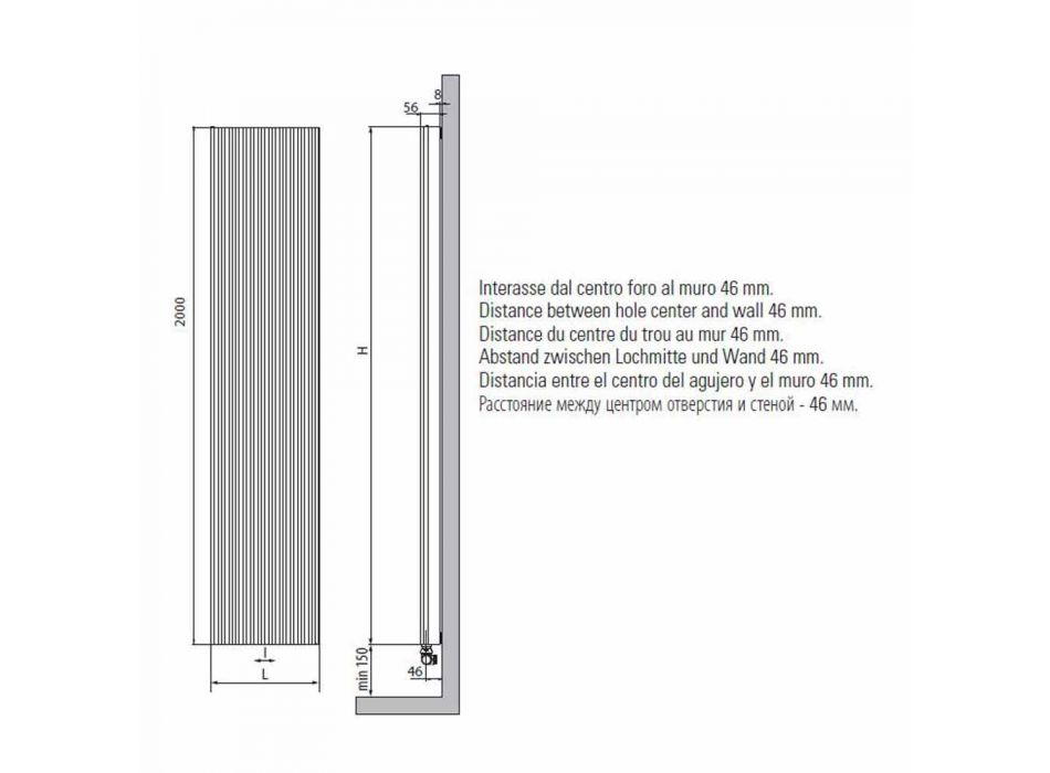 Hydraulischer Wandkühler mit vertikaler Ausführung aus Stahl 900 W - 1000 Leitungen Viadurini