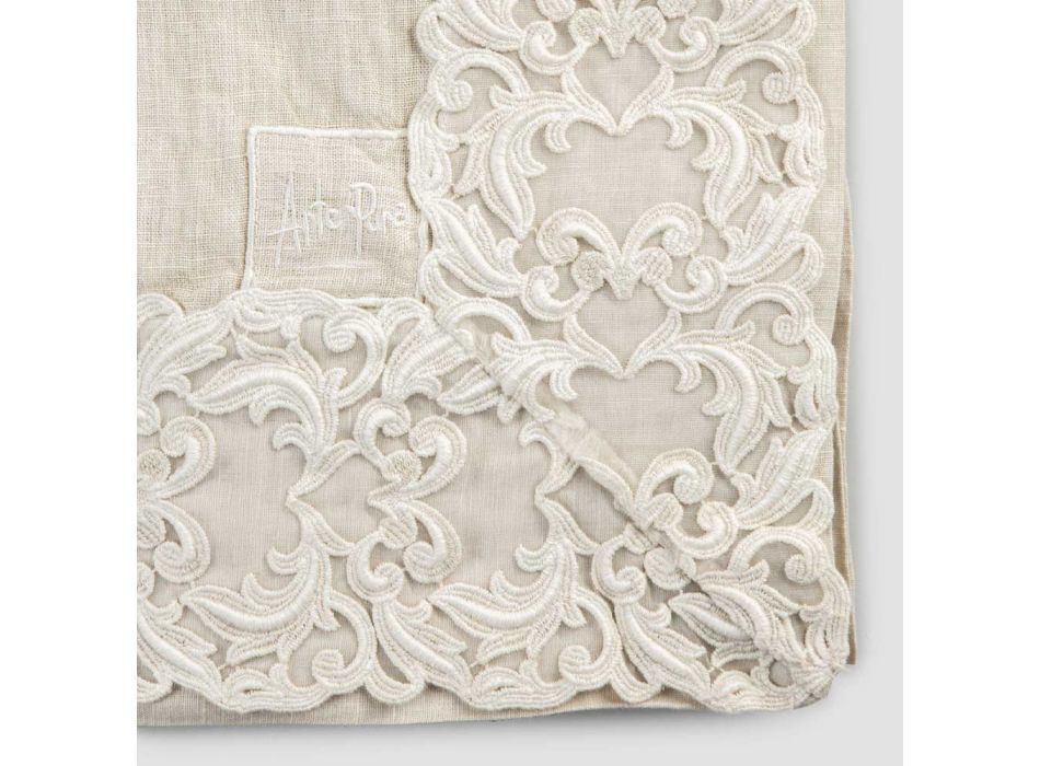 Rechteckige Tischdecke aus beigem Leinen mit handgefertigter luxuriöser Farnese-Spitze – Kippel Viadurini