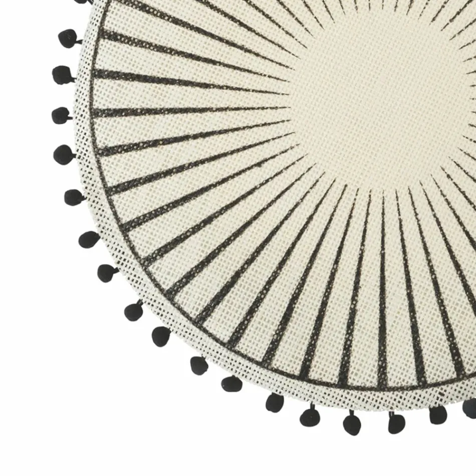 Rundes Frühstücks-Tischset aus Jute mit schwarzen Pom Poms 12 Stück - Casside Viadurini