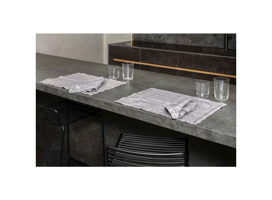 Amerikanische Frühstücks-Tischsets aus grauem Leinen mit Kristallen 2 Stück - Macanno