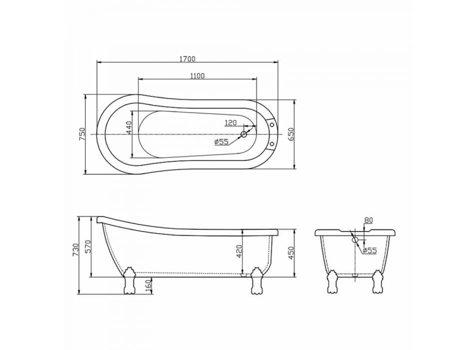 Moderne freistehende Badewanne aus weißem Acryl Dawn 1700x750mm Viadurini